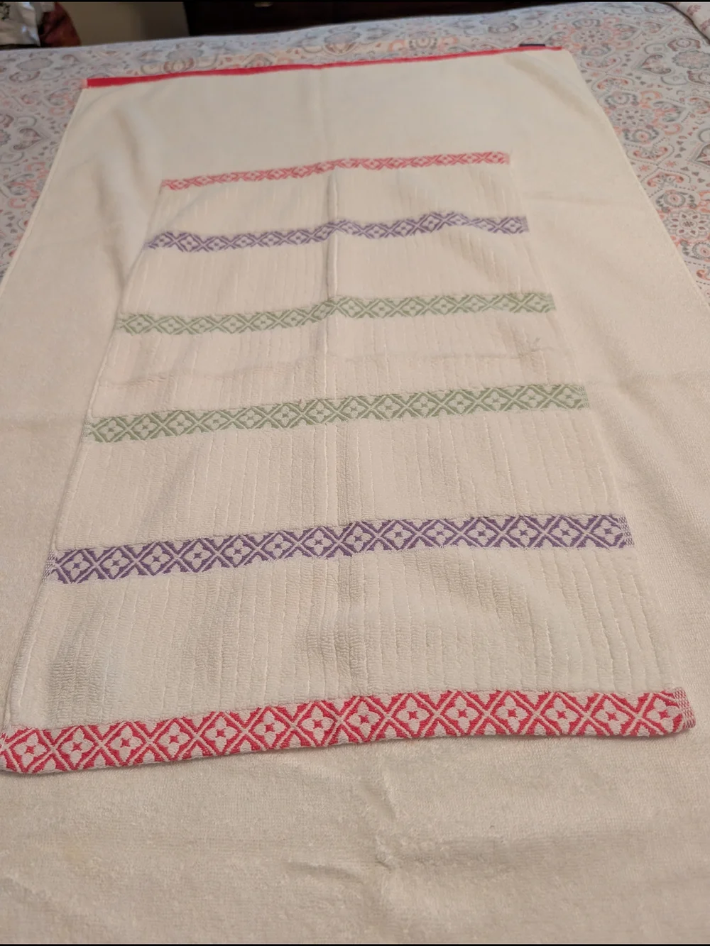 Embroidered Floral Stripe Bath Towel Set - Cream with Pink, Purple & Green